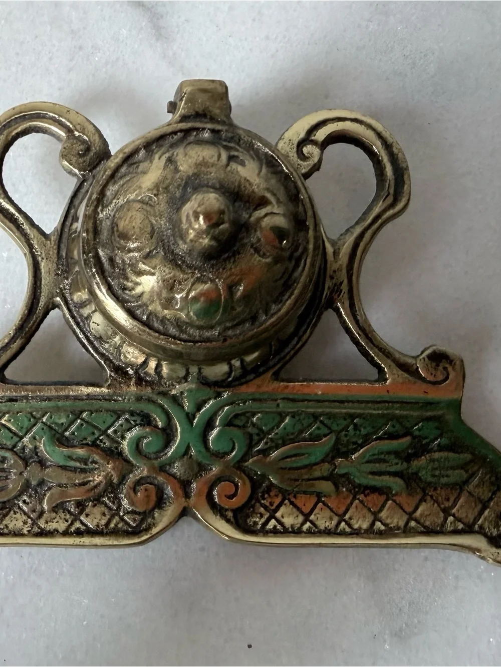Brass Ink Well and Pen Rest - Antique-Style Brass Finish